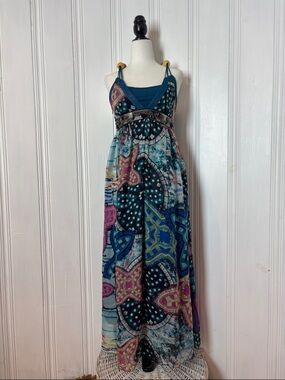 100% Silk Beaded Halter Maxi Dress with  Empire Waist - Size XS